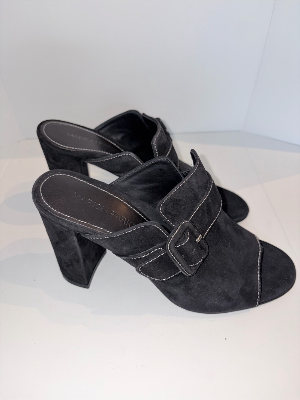 Marion Parke Black Suede Buckle Mules